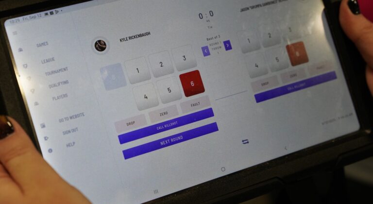 The WKTL scoring app running a live match on a tablet at the lane
