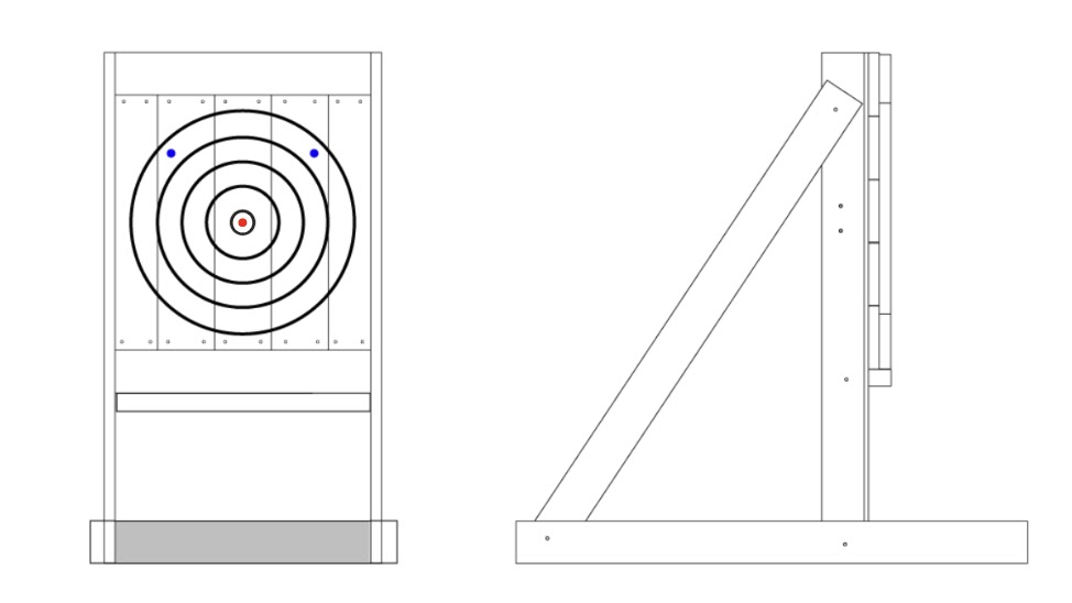 Freestanding target example — a portable frame with regulation-sized boards, front and side view