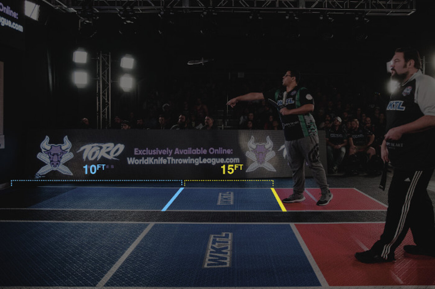 Side view of a throwing lane showing the 10-foot and 15-foot fault lines